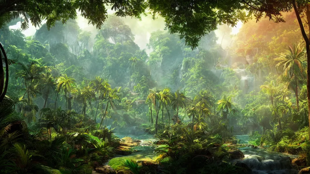 Image similar to tropical forest, fantasy artwork, very very very beautiful scenery, hd, hdr, ue5, ue6, unreal engine 5, cinematic 4k wallpaper, 8k, ultra detailed, high resolution, artstation, award winning