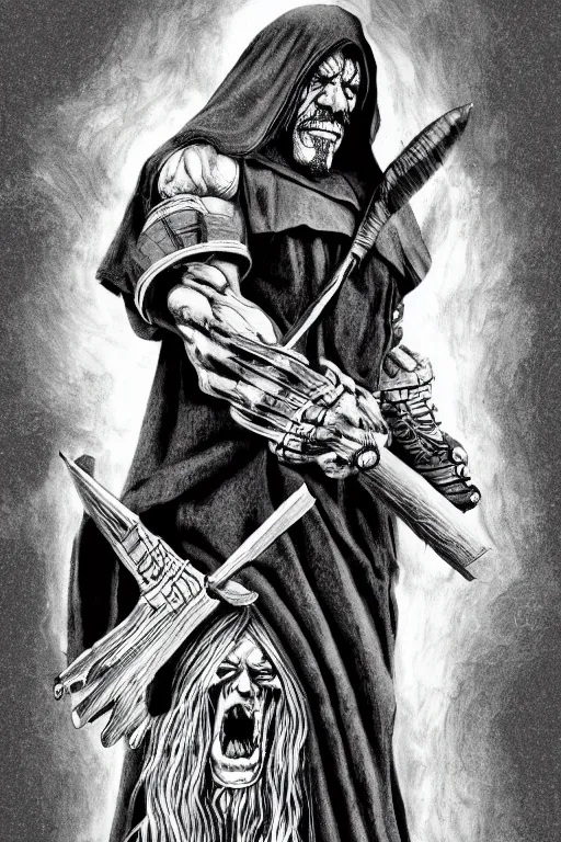 Image similar to Danny Trejo as church nun, dark fantasy, highly detailed, artstation, manga illustration by Kentaro Miura berserk