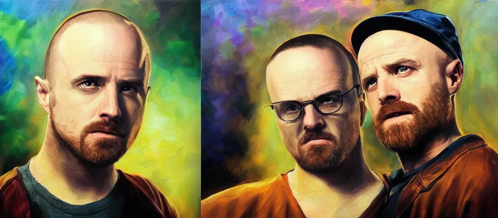 Image similar to an ultra detailed beautiful oil painting of jesse pinkman and heisenberg from breaking bad, colorful, soft shading, by sargent, by giovanni strazza, by raffaelo monti