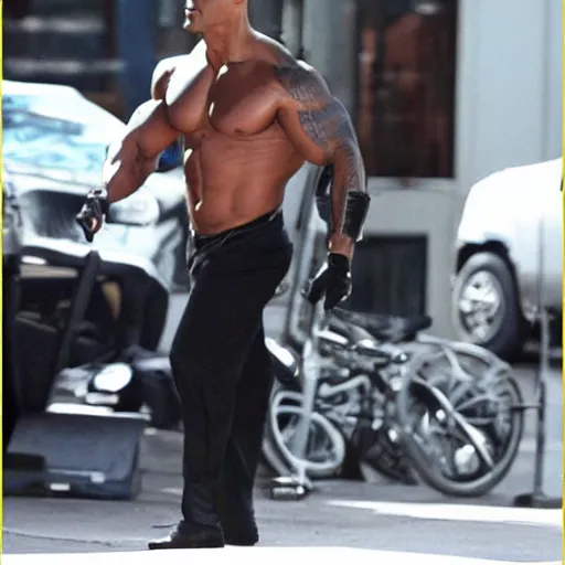 Image similar to Dwayne Johnson as Catwoman Paparazzi photograph