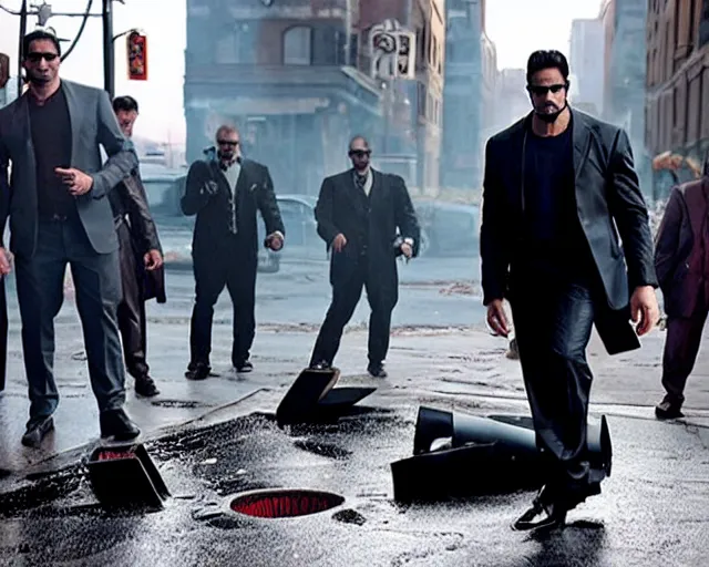 Image similar to mafioso ( joe manganiello ) throws a manhole cover at some vampires ; action scene from the modern hbo mini series / the outfit /, a supernatural mafia crime thriller about magical monster - hunting mafiosi in philadelphia, hd 8 k film photography, with modern supernatural horror aesthetic.