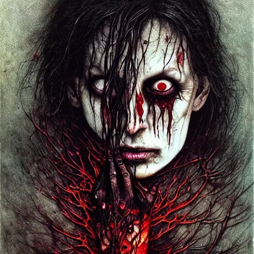 Prompt: full body portrait, a highly detailed bloody witch, magic, night, extremely high detail, realistic, fantasy art, solo, bones, masterpiece, saturated colors, tangled, ripped flesh, art by zdzisław beksinski, arthur rackham, dariusz zawadzki, perfect faces, fine details