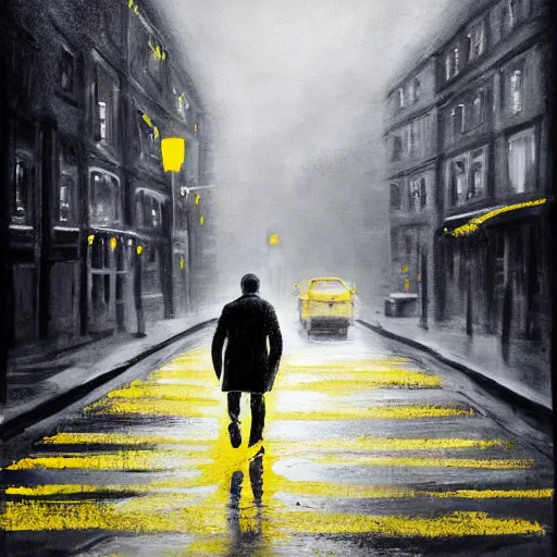 Image similar to A dramatic portrait painting of a man wearing yellow rain coat , walking in a black and white street . Cinematic lighting