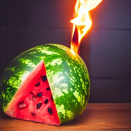 Image similar to photo of a watermelon on fire in a bar