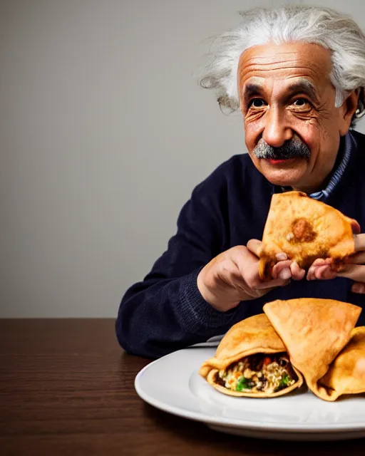 Image similar to a portrait of albert einstein sitting at the dining table with a plate containing samosas in front of him, highly detailed, trending on artstation, bokeh, 9 0 mm, f / 1. 4