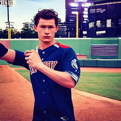 Prompt: “a realistic photo of a guy who is an attractive baseball player man who is part cyborg and part humanoid, who is a robot, Tom Holland, shiny skin, blue eyes”