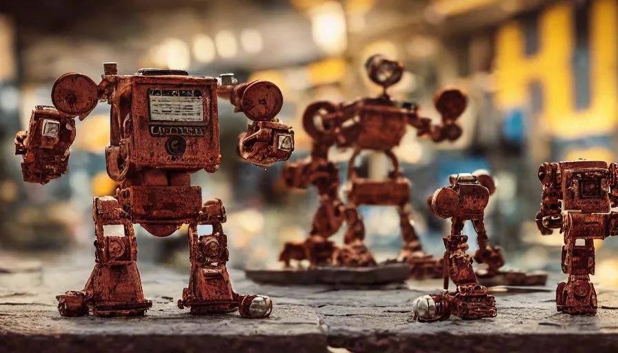 Image similar to miniature figurines of giant rusty robots on an old metal table, HD 8K, depth of field, fstop 1.2, bokeh, dynamic lighting, 50mm lens, 1970s kodak film