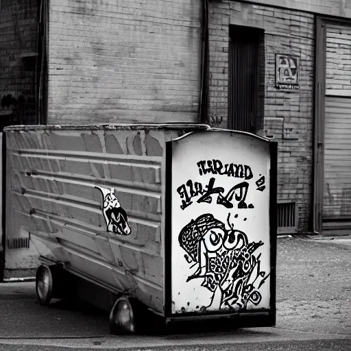 Image similar to Dumpster in a back alley, the garbage inside is blazing in flame, by Mcbess