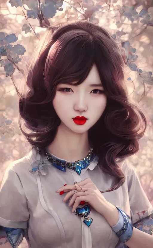 Image similar to a pin up and beautiful fashion charming dreamlke korea girl with lv jewelry, character art, art by artgerm lau and kyoung hwan kim and and ilya kuvshinov and john singer sargent, hyperdetailed, 8 k realistic, symmetrical, frostbite 3 engine, cryengine, dof, trending on artstation, digital art