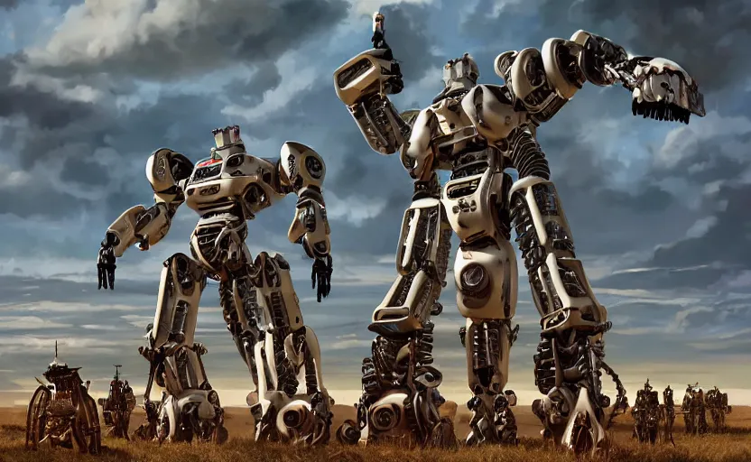 Prompt: american rednecks hail the invasion of gigantic human - like robots created by trump, artstation hq, stylized, symmetry, modeled lighting, expressive, studio photo refined, highly detailed, hyper realistic, top secret photos from military archive