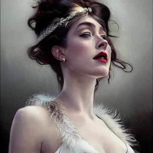 Prompt: hyperrealistic portrait of a woman as amber heard on titanic noir white swan dress wearing sapphire jewellery feather collar by jeremy mann and alphonse mucha, fantasy art, photo realistic, dynamic lighting, artstation, poster, volumetric lighting, very detailed faces, 4 k, award winning
