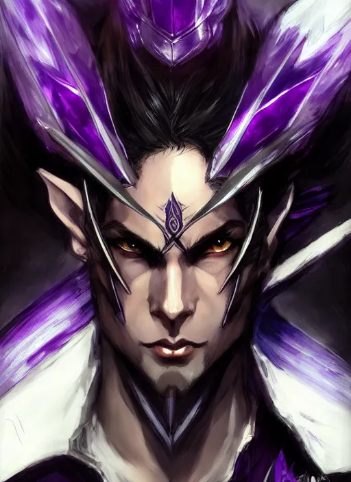 Prompt: Half body portrait of a handsome black haired elven warrior with purple sword. In style of Yoji Shinkawa and Hyung-tae Kim, trending on ArtStation, dark fantasy, great composition, concept art, highly detailed.