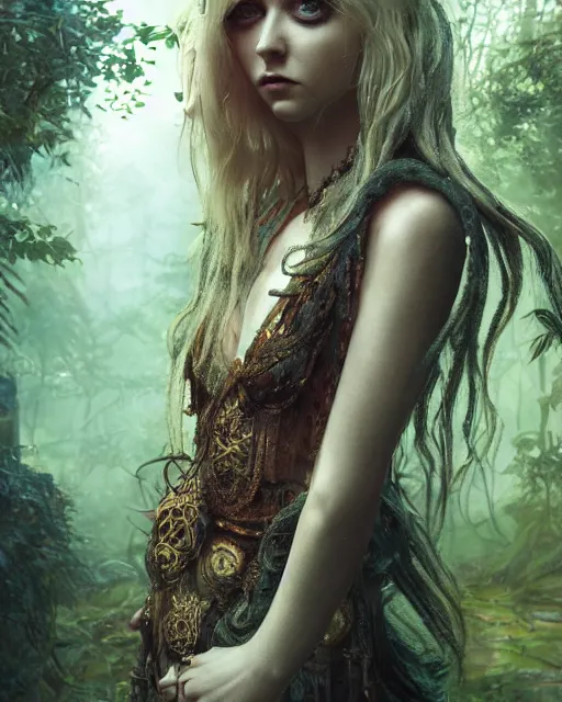 Image similar to Beautiful art portrait of taylor momsen as a fantasy priestess in a bright temple surrounded by lush forest, atmospheric lighting, intricate detail, cgsociety, hyperrealistic, octane render, RPG portrait, ambient light, dynamic lighting