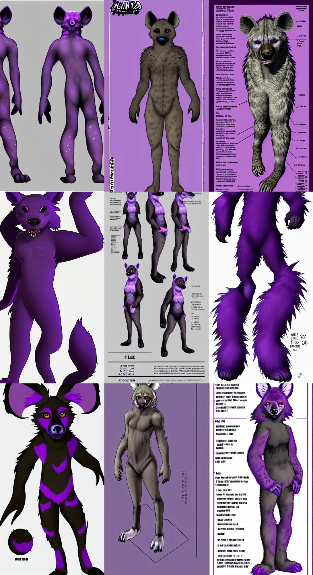 Image similar to a full - body centered front - perspective furry reference sheet, a male hyena fursona, purple and black color scheme, trending on weasyl, high - resolution, photorealistic