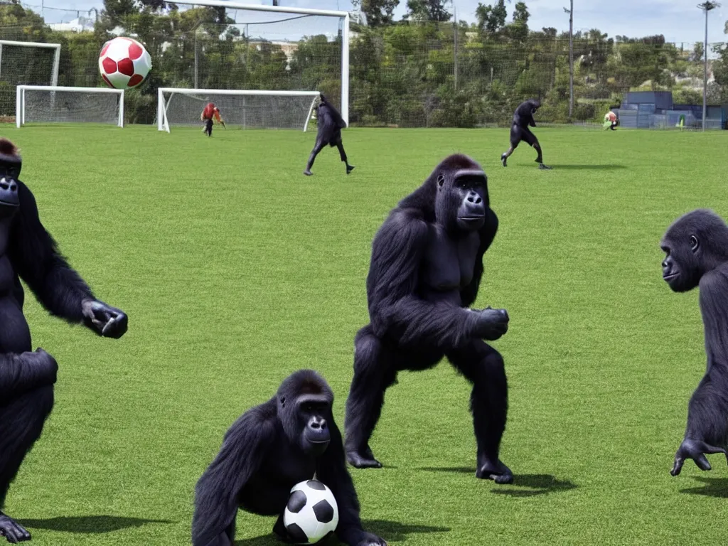 Image similar to gorilla with vr headset playing soccer, vivid