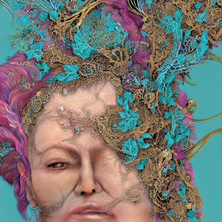 Prompt: cinema 4d colorful render, organic, ultra detailed, of a beautiful nacre skin old woman face, translucid. biomechanical cyborg, analog, macro lens, beautiful natural soft rim light, big leaves and stems, roots, fine foliage lace, turquoise gold details, Alexander Mcqueen high fashion haute couture, art nouveau fashion embroidered, intricate details, mesh wire, mandelbrot fractal, anatomical, facial muscles, cable wires, elegant, hyper realistic, in front of dark flower pattern wallpaper, ultra detailed, 8k post-production
