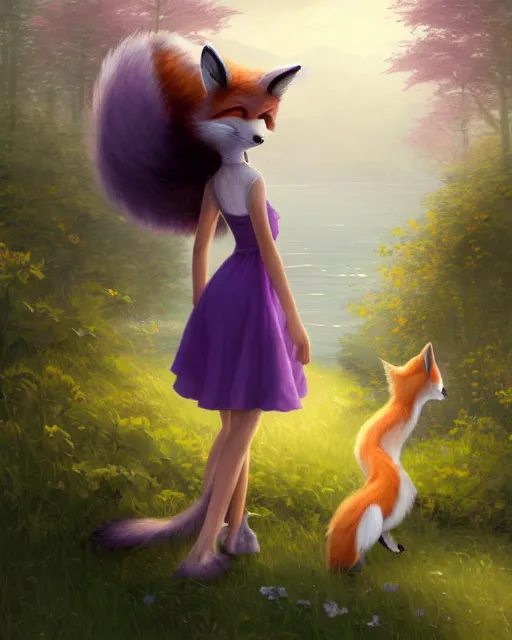 Prompt: an anthropomorphic fox girl with purple hair wearing a simple sundress, this fox has a pronounced snout and two pointed black ears, beautiful lake background, illustration by greg rutkowski, thomas kindkade, loish, artstation, furaffinity, deviantart