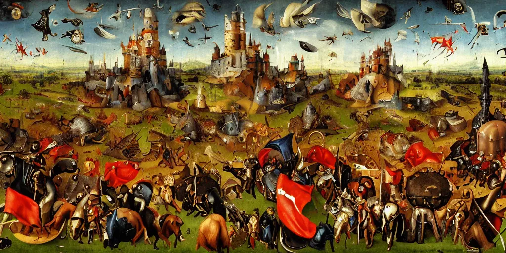 Prompt: heroes of might and magic gameplay in style of hieronymus bosch paintings, painting, gameplay, high detailed, dark fantasy, dark tones, buildings, armored units, red flags, cavalry, rpg, high detailed, contrast, octane render, mill, farm, creative