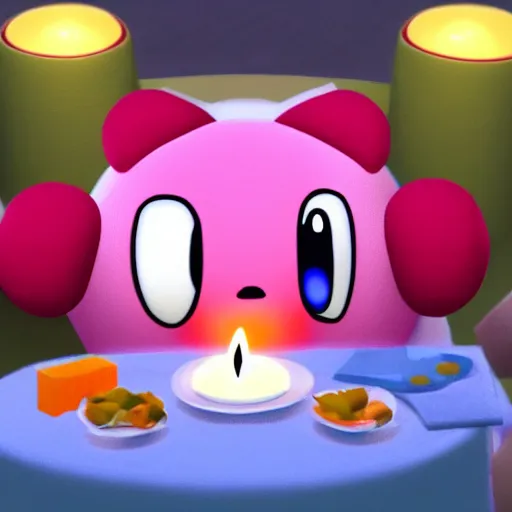 Image similar to kirby at dinner table with companion cube from portal, romantic, candlelight, realistic, source engine