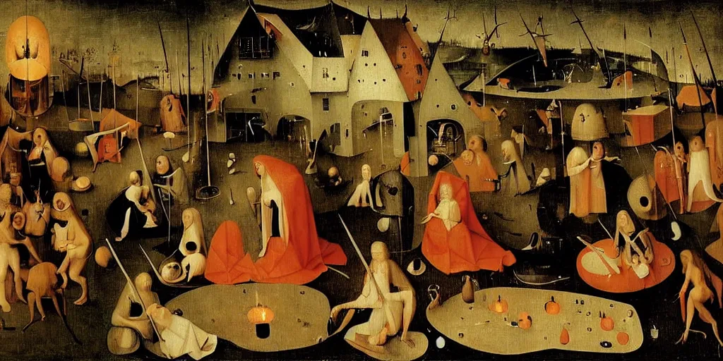 Image similar to a party at midnight, modern indoors, bay area, candles, hot tub, friendship, hope, art by hieronymus bosch