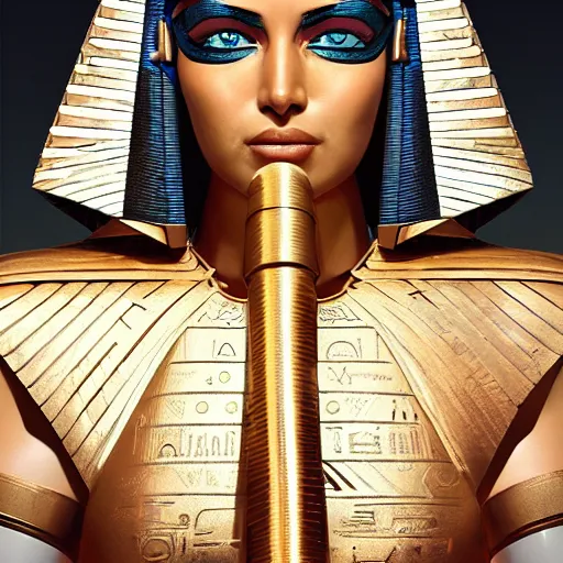 Image similar to full body portrait of the thicc Egyptian Android Pharaoh Queen, by DC comics and Sandra Chevrier and beeple, artstation, volumetric lighting, hyperrealism, hyper detailed futuristic royalty, strong and muscular, award winning costume design, cybernetic bionic ancient cyborg, fashion show runway, futuristic fine textures, woven with electricity, high fashion superpowers, dust particles, mystic haze, greg rutkowski, Tooth Wu, 4k UHD, 35mm