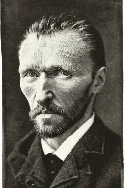 Image similar to a monochrome daguerrotype realistic, supersharp, photographic portrait of vincent van gogh, shallow depth of field