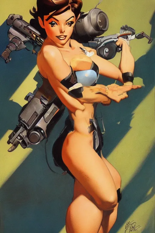 Prompt: pinup of tracer from overwatch, highly detailed, by frank frazetta