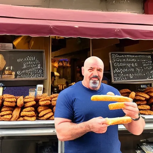 Image similar to thanos from mcu eating a churros at a bar in tharros ( sardinia )