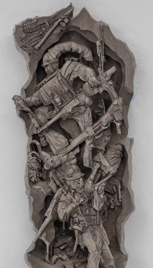 Image similar to the war portal highly detailed carving on southern ice porcelain, partially crystallized, guns, blood, woodfired, art gallery