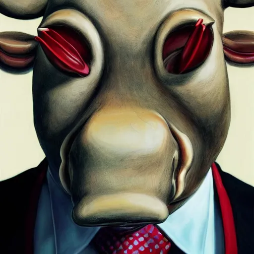 Image similar to high quality picture of a man in a suit wearing a latex mask of a mad horrific cow, by James Jean, natural lighting