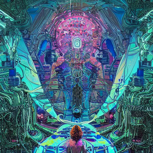 Image similar to the transhuman priestess surrounded by mechanical plants, Dan Mumford, Aaron Diaz