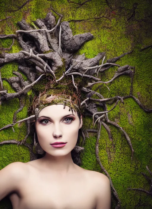 Image similar to a photo of a female model, orgnic headpiece, vines, horn, moss, fashion photography, realistic, hyperdetails, dark grey backdrop studio, tree bark and moss costume, body with paint