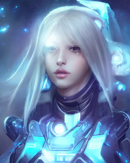 Image similar to perfect android girl on a mothership, warframe armor, beautiful face, scifi, futuristic, galaxy, nebula, bae suzy, dreamy, long white hair!!!, blue cyborg eyes, sharp focus, cinematic lighting, highly detailed, artstation, divine, by gauthier leblanc, kazuya takahashi, huifeng huang