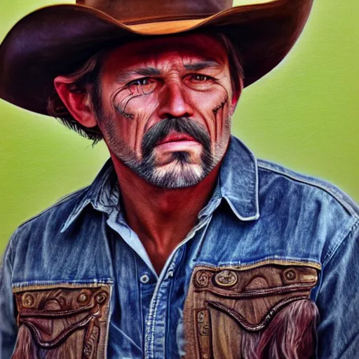 Prompt: Intricate five star Cowboy facial portrait by Monica Lee, Colored pencil on paper, high detail, skin texture, photo realistic, hyperrealism,matte finish, high contrast, 3d depth, masterpiece, vivid colors, artstationhd