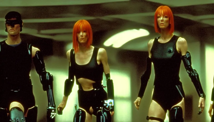 Image similar to The matrix, LeeLoo, Starship Troopers, Clarice Starling, The Olympics footage, hurdlers in a race with robotic legs, intense moment, cinematic stillframe, shot by Roger Deakins, The fifth element, vintage robotics, formula 1, starring Geena Davis, clean lighting