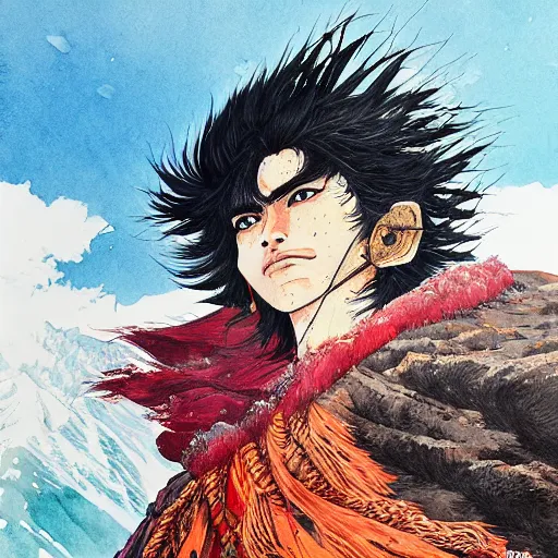 Prompt: painting of a lonesome warrior at the peak of himalayas, vibrant, style of kentaro miura and conrad roset