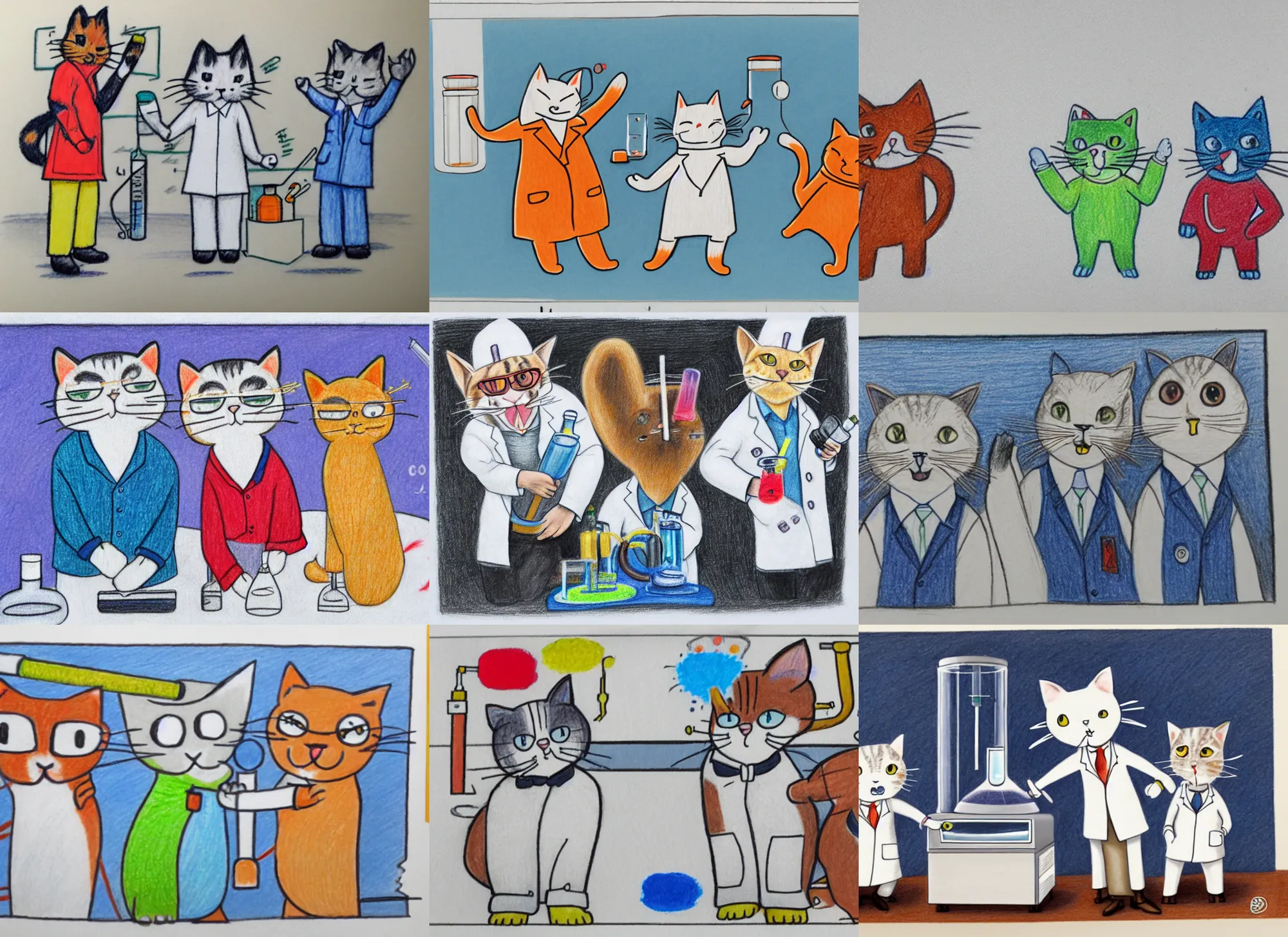 Prompt: colored pencil drawing of two cats in lab coats doing mad science