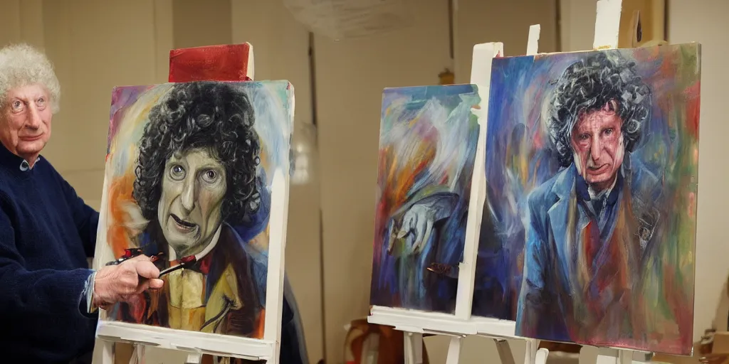 Image similar to tom baker, stands at a his easel, dressed as doctor who, paints portraits of davros, daleks and cyber men, soft focus, long exposure