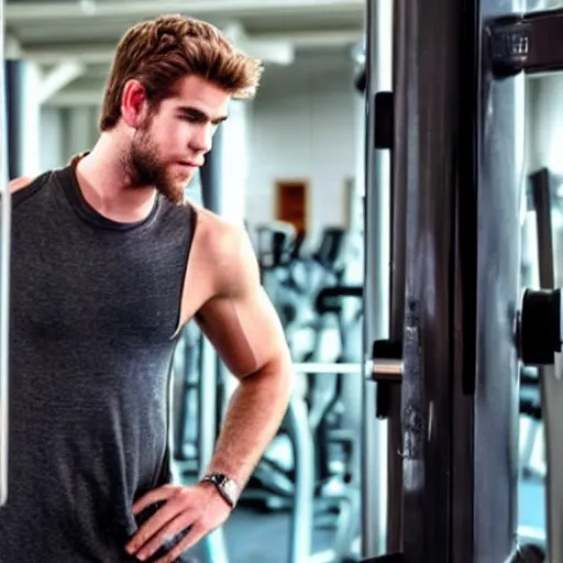 Image similar to a realistic detailed photo of a guy who is an attractive humanoid who is half robot and half humanoid, who is a male android, actor liam hemsworth, shiny skin, posing like a statue, blank stare, at the gym, on display, showing off his muscles