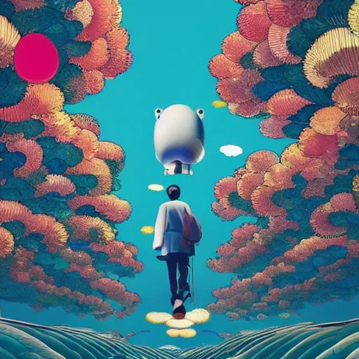 Image similar to a man walking on clouds away from the camera above kyoto by takashi murakami, beeple and james jean, aya takano color style, 4 k, super detailed, modern, 4 k, symmetrical