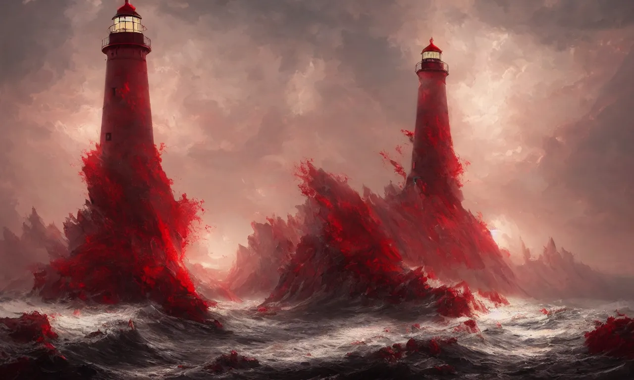 Image similar to a beautiful painting of a lighthouse surrounded by a violent tumultuous sea of red blood by John Blanche and Greg Rutkowski, trending on Artstation, midjourney