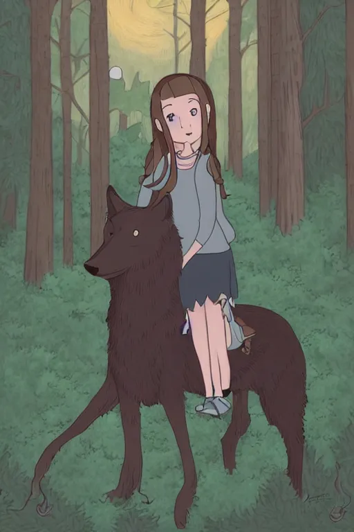 Image similar to young girl on a gray wolf, in a dark forest, in ghibli style
