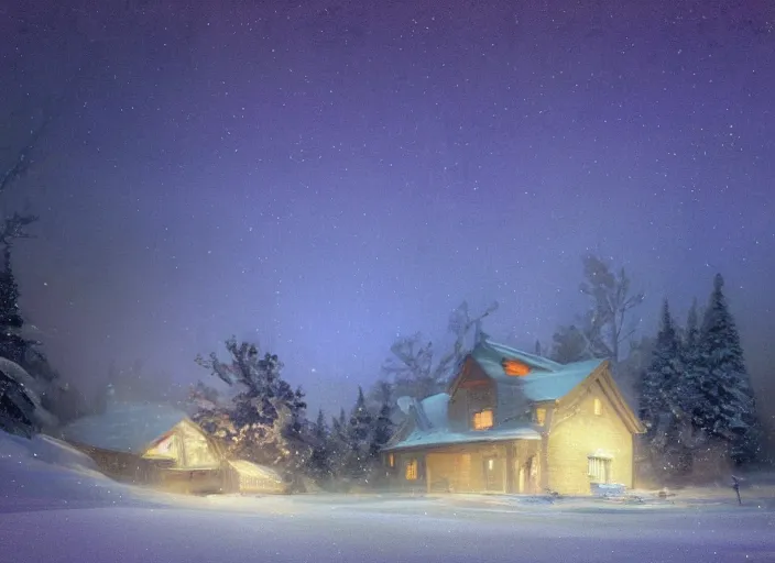 Prompt: snow - covered house, ( ( smoke from the stove ) ), night, stars in the sky, winter landscape, trees, aurora in the sky, painting by craig mullins, octane rendering, wide angle lens, in the style of hayao miyazaki, trending on artstation,