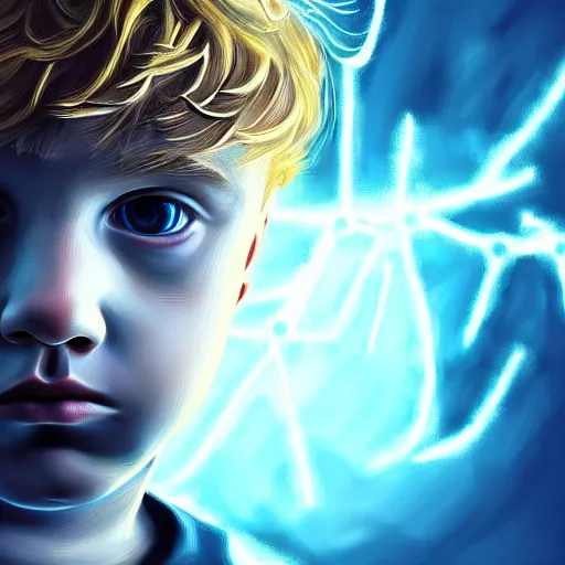 Image similar to powerful eyes glowing highly detailed painting of deep sadness alone, young blonde boy, fractal electricity surrounding him, expressive emotional sadness piece, trending on art station, abstract emotional sadness expression, very very very beautiful, fantasy digital art