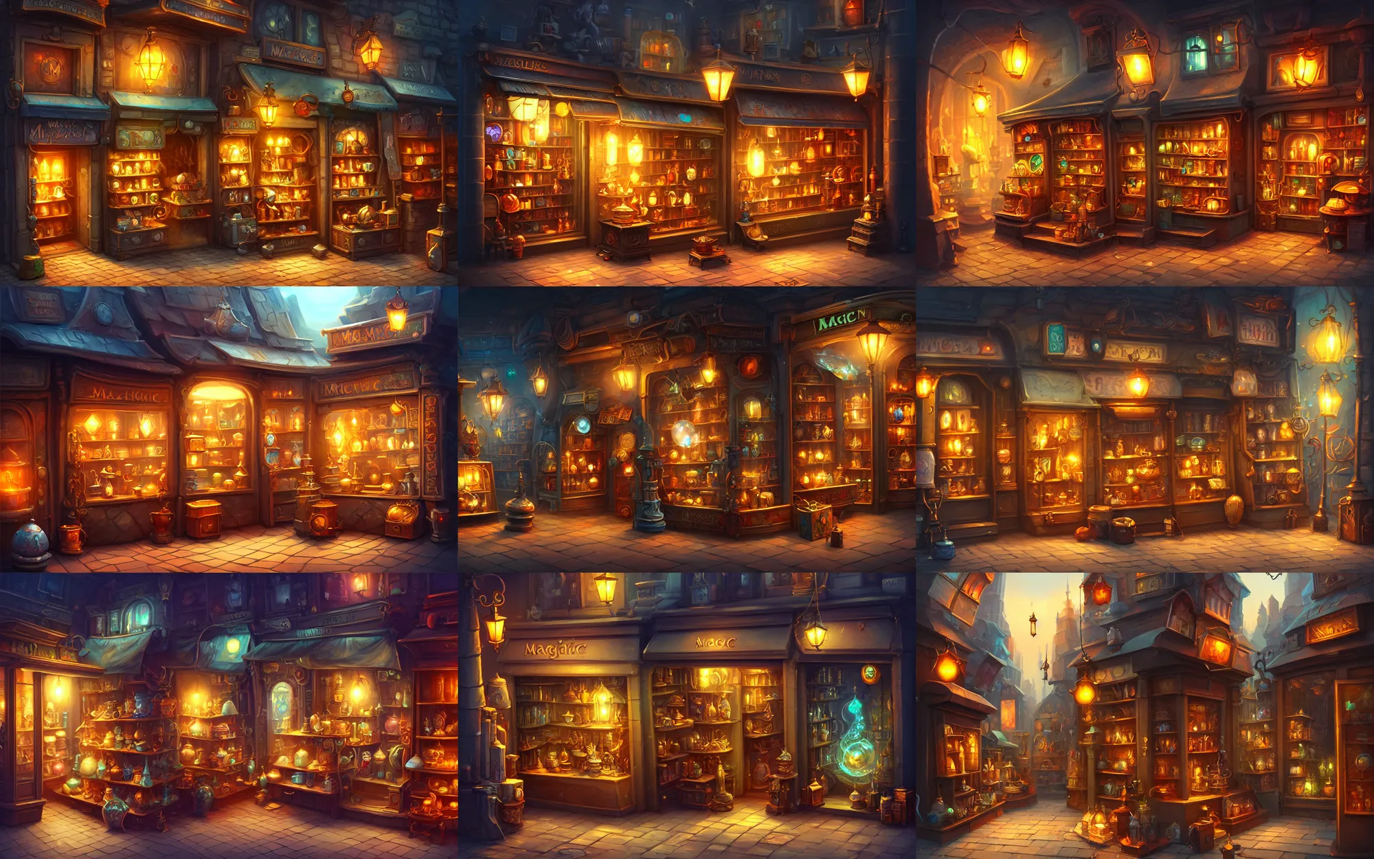 Prompt: exterior image of a small magic items an curios shop in the streets of a busy fantasy city, high detail, digital painting, artstation