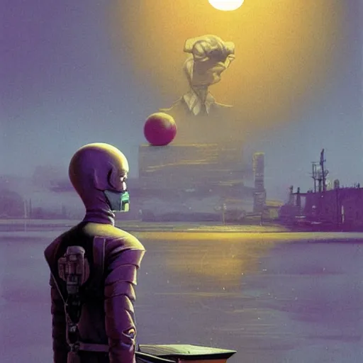 Prompt: unsettling, noble rubbery albino mutant with thin lips, huge eyes and suspicious expression, wearing science fiction police uniform by docks at sunset, by deak ferrand, wayne barlowe, simon stalenhag, and greg rutkowski