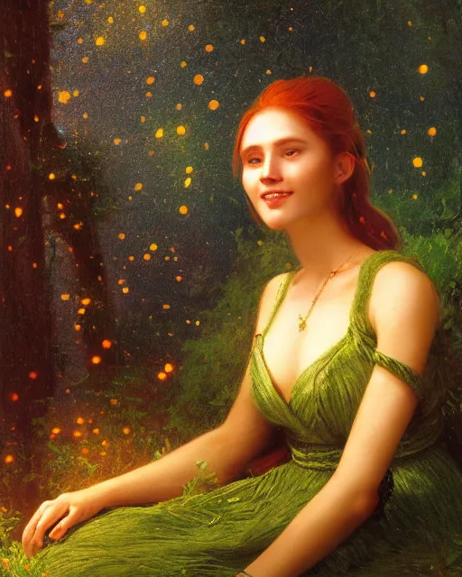 Image similar to a young woman, admiring the lights of golden fireflies, sitting in the midst of nature fully covered with a wonderful dress, long loose red hair, intricate details, green eyes, small nose with freckles, oval shape face, soft happy smile, realistic, expressive emotions, hyper realistic highly detailed art by albert bierstadt