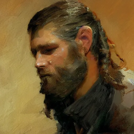 Prompt: a man with a pony tail haircut, painting by Gaston Bussiere, Craig Mullins