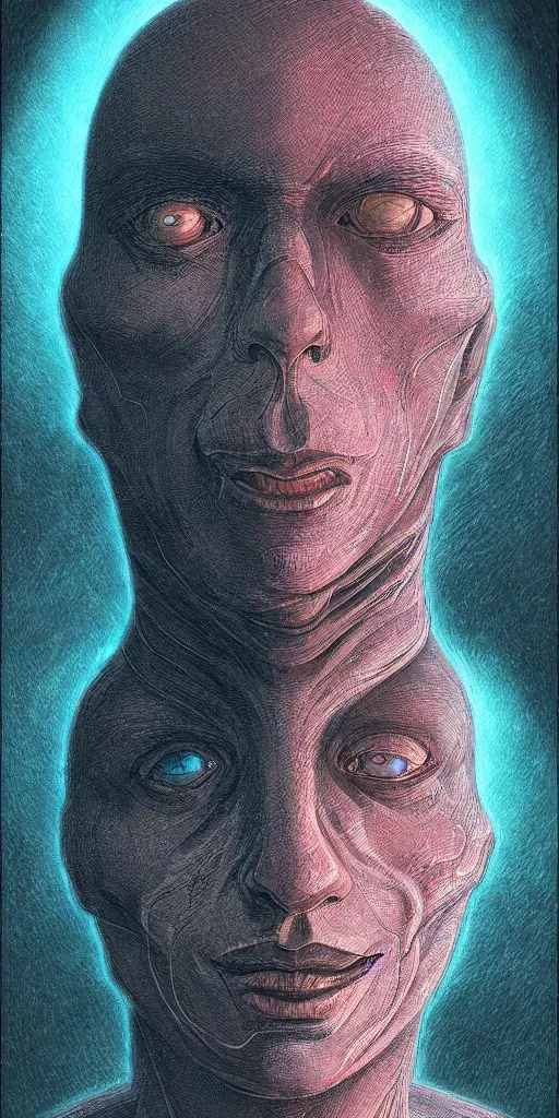 Image similar to scifi character portrait of man in the style of android jones and zdzislaw beksinski, 1 / 4 headshot.