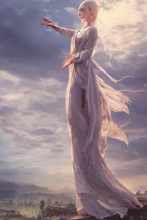 Image similar to a beautiful sorceress floating on air with elegant looks, flowing robe, ornate and flowing, intricate and soft by miho hirano, ruan jia, yoshitaka amano, wlop, beautiful roman architectural ruins in the background, epic sky, vray render, artstation, deviantart, pinterest, 5 0 0 px models